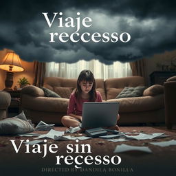 A movie poster featuring an 18-year-old girl sitting on the floor of her living room, deeply engaged in her work on a laptop surrounded by scattered papers