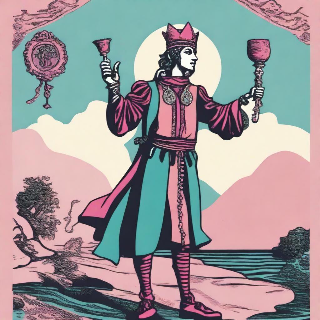 An image capturing The Fool Tarot card from the Rider-Waite deck, distinctively recolored in shades of pink, teal, and blue