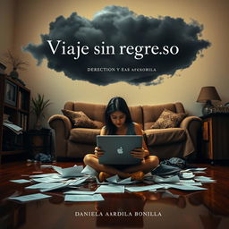 An emotional scene featuring an 18-year-old adolescent girl sitting on the floor of her living room, immersed in her work on a laptop surrounded by scattered papers
