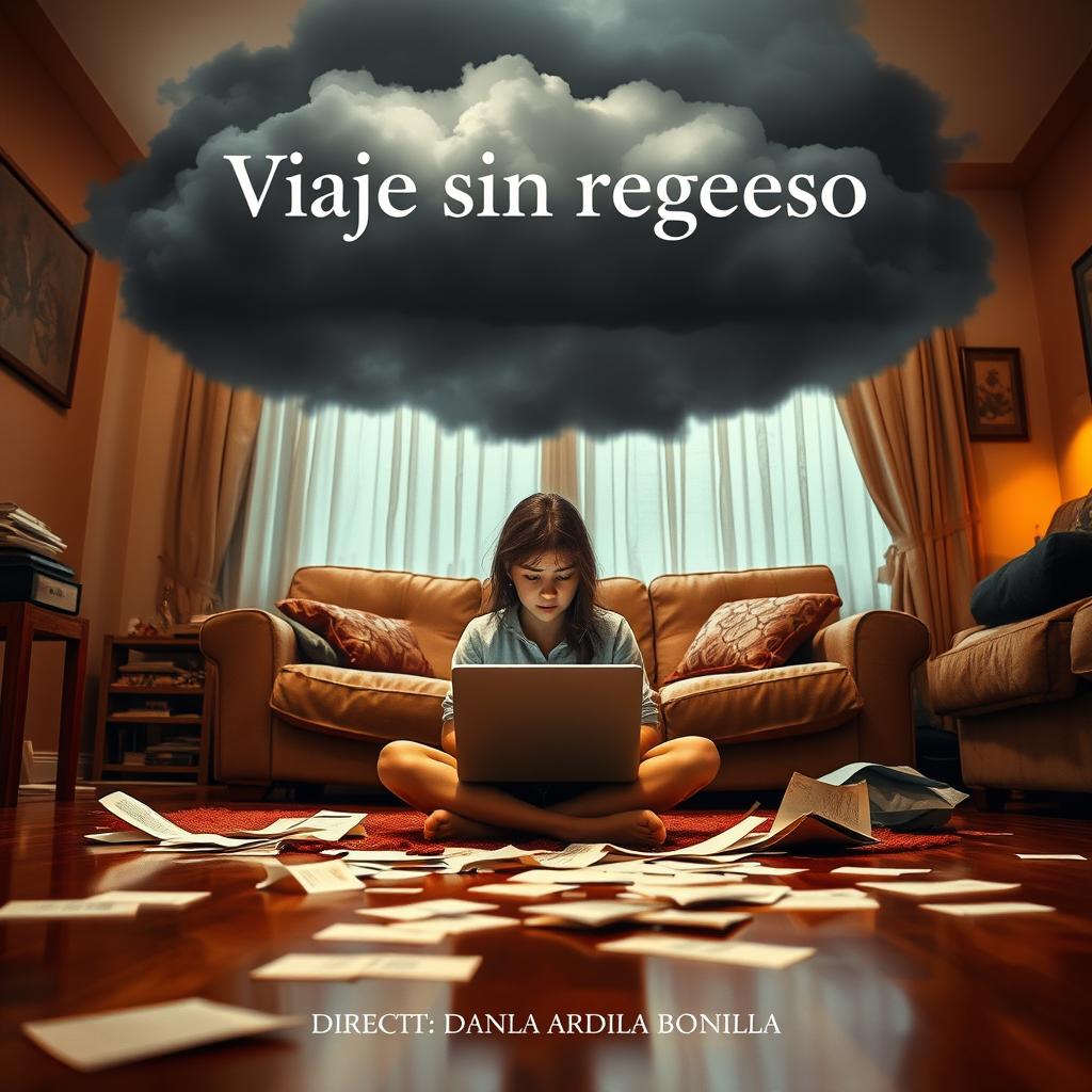 An emotional scene featuring an 18-year-old adolescent girl sitting on the floor of her living room, immersed in her work on a laptop surrounded by scattered papers