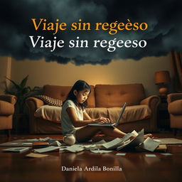 An emotional scene featuring an 18-year-old adolescent girl sitting on the floor of her living room, immersed in her work on a laptop surrounded by scattered papers