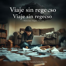 An emotional scene featuring an 18-year-old adolescent girl sitting on the floor of her living room, immersed in her work on a laptop surrounded by scattered papers