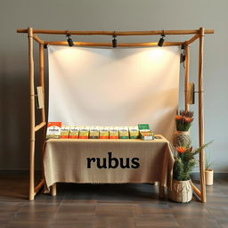 A simple, cozy, and eco-friendly medium bazaar stand setup for a herbal cigarettes brand called rubus, featuring a designated blank space for placing the brand name later