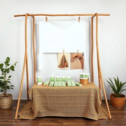 A simple, cozy, and eco-friendly medium bazaar stand setup for a herbal cigarettes brand called rubus, featuring a designated blank space for placing the brand name later