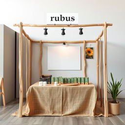 A simple, cozy, and eco-friendly medium bazaar stand setup for a herbal cigarettes brand called rubus, featuring a designated blank space for placing the brand name later