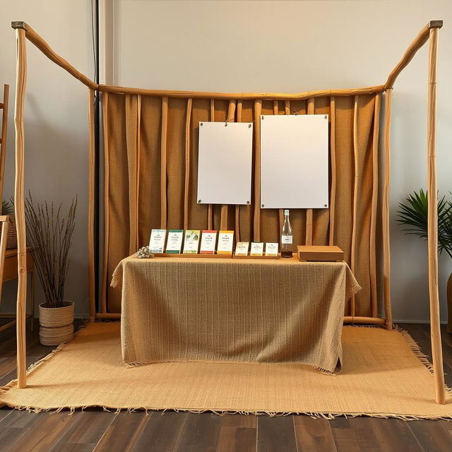 A simple, cozy, and eco-friendly medium bazaar stand setup for a herbal cigarettes brand called rubus, featuring a designated blank space for placing the brand name later