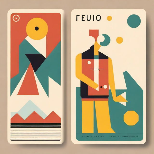 The Fool Tarot card reimagined in a mid-century modern style, featuring clean lines, geometric elements, and a bold color palette with a mix of muted and vibrant shades