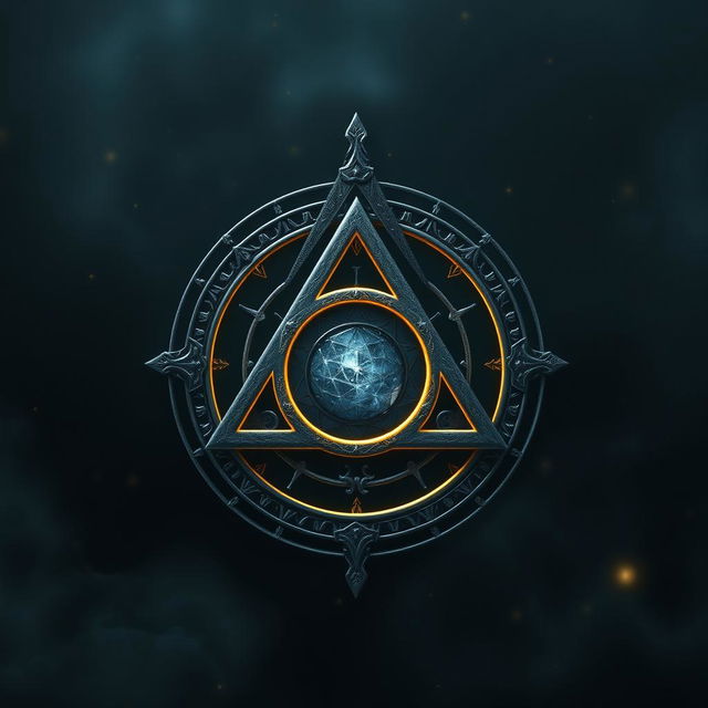 A highly detailed and artistic rendering of the Deathly Hallows symbol, which consists of a triangle surrounding a circle, intersected by a straight line