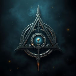 A highly detailed and artistic rendering of the Deathly Hallows symbol, which consists of a triangle surrounding a circle, intersected by a straight line