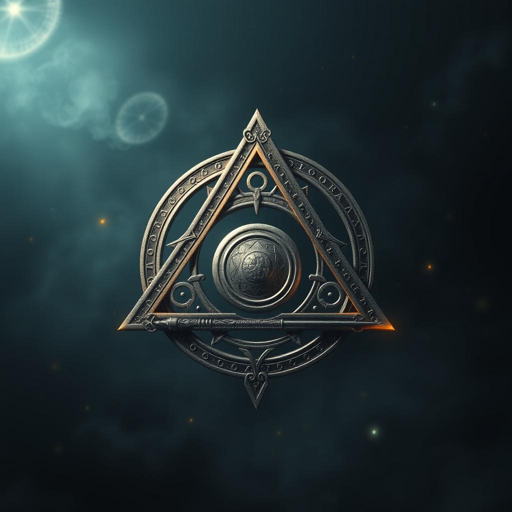 A highly detailed and artistic rendering of the Deathly Hallows symbol, which consists of a triangle surrounding a circle, intersected by a straight line