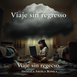 An evocative image of an 18-year-old adolescent girl sitting on the floor of her living room, focused on her work at a computer amidst scattered papers around her