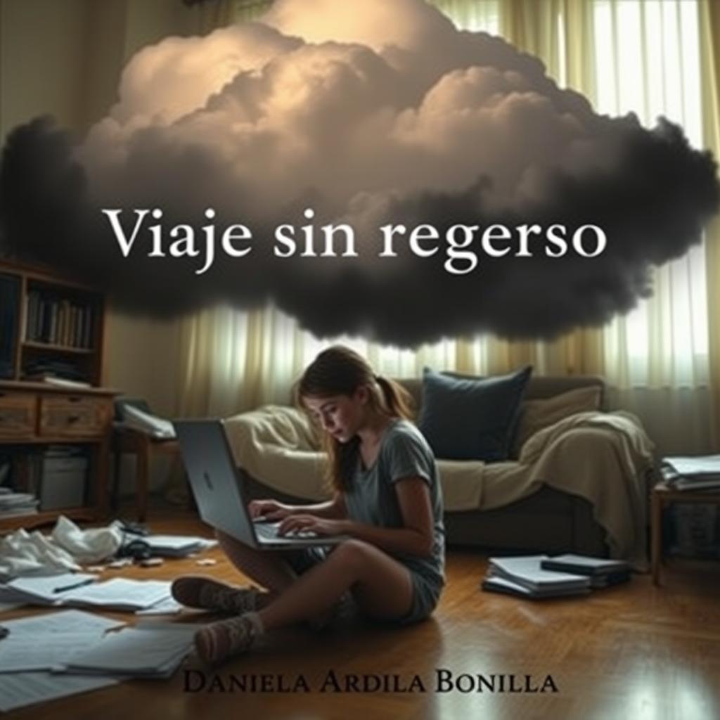 An evocative image of an 18-year-old adolescent girl sitting on the floor of her living room, focused on her work at a computer amidst scattered papers around her