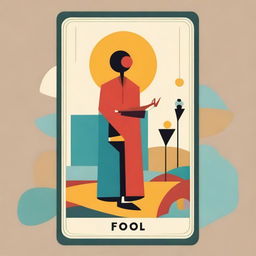 The Fool Tarot card reimagined in a mid-century modern style, featuring clean lines, geometric elements, and a bold color palette with a mix of muted and vibrant shades