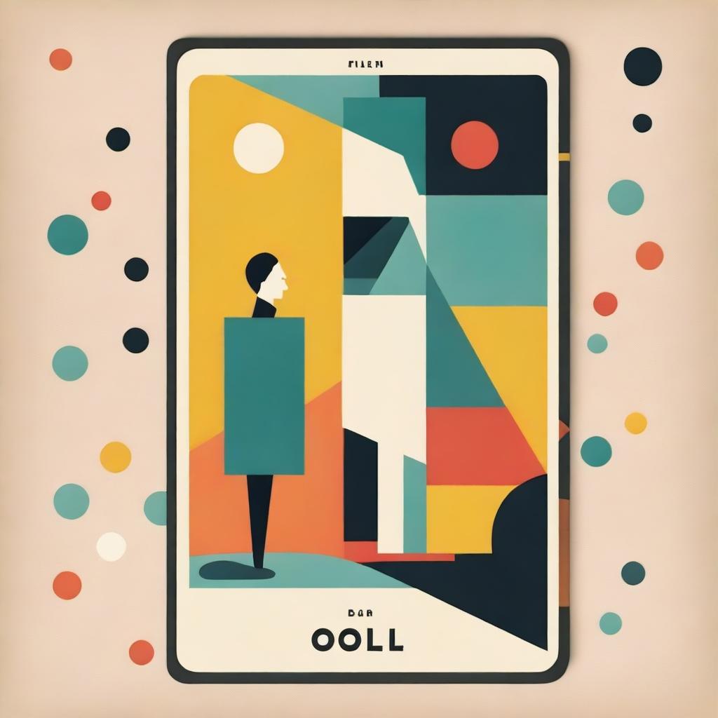 The Fool Tarot card reimagined in a mid-century modern style, featuring clean lines, geometric elements, and a bold color palette with a mix of muted and vibrant shades