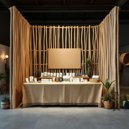 A simple, cozy, and eco-friendly large bazaar stand setup for a herbal cigarettes brand called rubus, featuring a reserved blank space for adding the brand name later