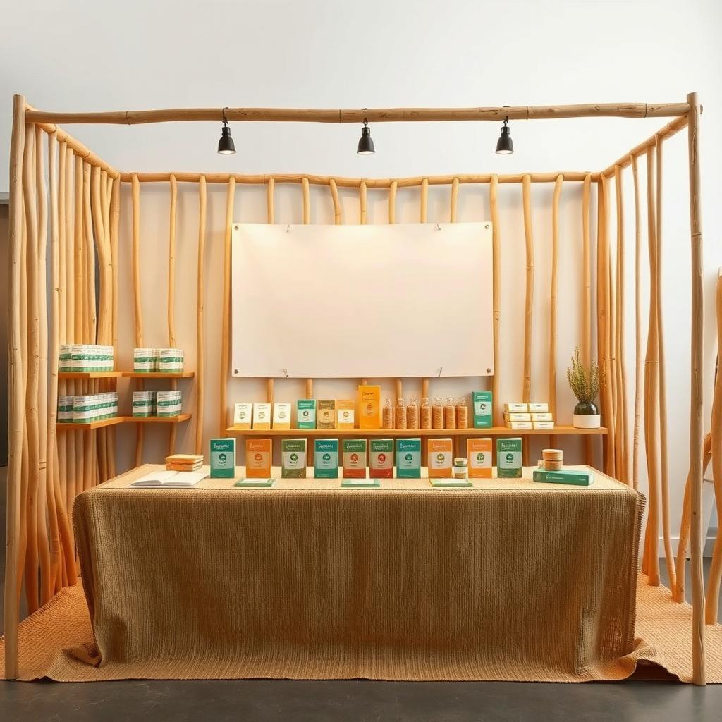 A simple, cozy, and eco-friendly large bazaar stand setup for a herbal cigarettes brand called rubus, featuring a reserved blank space for adding the brand name later