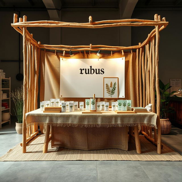 A simple, cozy, and eco-friendly large bazaar stand setup for a herbal cigarettes brand called rubus, featuring a reserved blank space for adding the brand name later