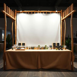 A simple, cozy, and eco-friendly large bazaar stand setup for a herbal cigarettes brand called rubus, featuring a reserved blank space for adding the brand name later
