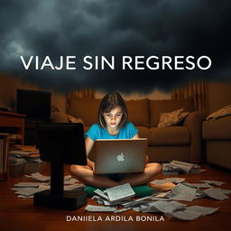A poignant image of an 18-year-old adolescent girl sitting on the floor of her living room, deeply focused on her computer while surrounded by scattered papers