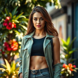 A fashionable portrait of a woman over 30 years old, dressed in fully closed and stylish clothing that emphasizes her femininity