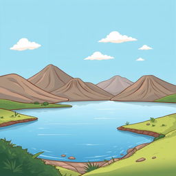 A whimsical cartoon-style illustration of a serene lake, surrounded by gently rolling mountains