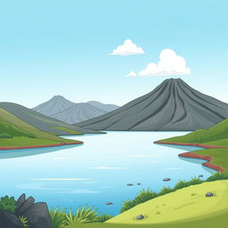 A whimsical cartoon-style illustration of a serene lake, surrounded by gently rolling mountains