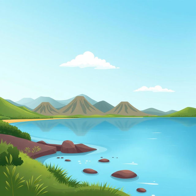 A whimsical cartoon-style illustration of a serene lake, surrounded by gently rolling mountains