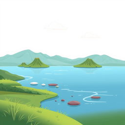 A whimsical cartoon-style illustration of a serene lake, surrounded by gently rolling mountains