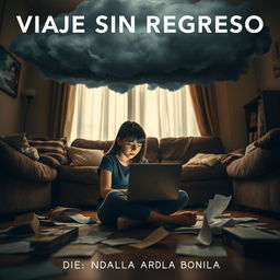 A poignant image of an 18-year-old adolescent girl sitting on the floor of her living room, deeply focused on her computer while surrounded by scattered papers