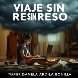 A poignant image of an 18-year-old adolescent girl sitting on the floor of her living room, deeply focused on her computer while surrounded by scattered papers