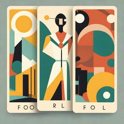 The Fool Tarot card reimagined in a mid-century modern style, featuring clean lines, geometric elements, and a bold color palette with a mix of muted and vibrant shades