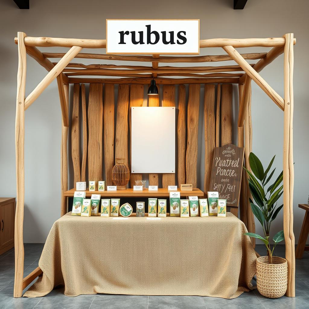 A simple, cozy, and eco-friendly medium size bazaar stand setup for a herbal cigarettes brand called rubus, designed with a reserved blank space for adding the brand name later