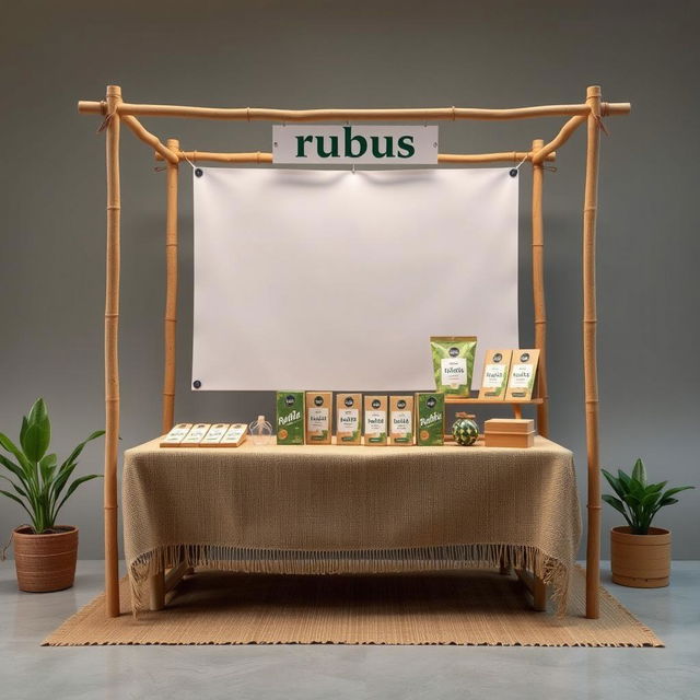 A simple, cozy, and eco-friendly medium size bazaar stand setup for a herbal cigarettes brand called rubus, designed with a reserved blank space for adding the brand name later