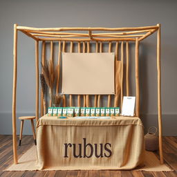 A simple, cozy, and eco-friendly medium size bazaar stand setup for a herbal cigarettes brand called rubus, designed with a reserved blank space for adding the brand name later