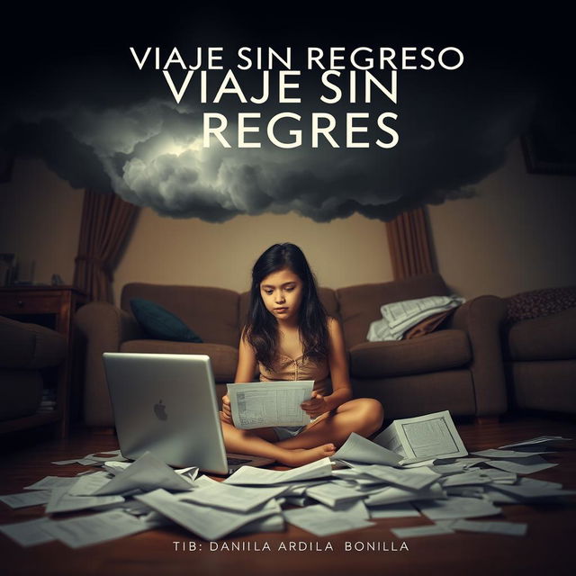 An expressive image of an 18-year-old adolescent girl sitting on the floor of her living room, intently working on her computer with disorganized papers scattered around her