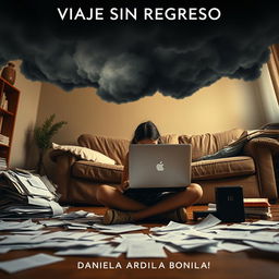 An expressive image of an 18-year-old adolescent girl sitting on the floor of her living room, intently working on her computer with disorganized papers scattered around her