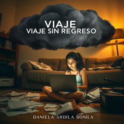 An expressive image of an 18-year-old adolescent girl sitting on the floor of her living room, intently working on her computer with disorganized papers scattered around her