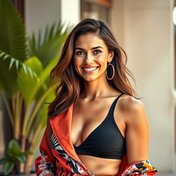 A fashionable portrait of a woman over 30 years old, wearing fully closed, stylish clothing that enhances her femininity