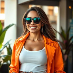 A fashionable portrait of a woman over 30 years old, wearing fully closed, stylish clothing that enhances her femininity