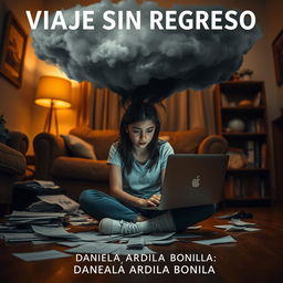 An expressive image of an 18-year-old adolescent girl sitting on the floor of her living room, absorbed in her computer work with scattered papers around her