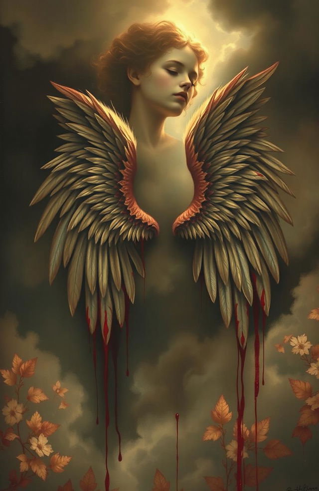 A Victorian-style painting depicting a dramatic scene where blood is dripping from ethereal angel wings