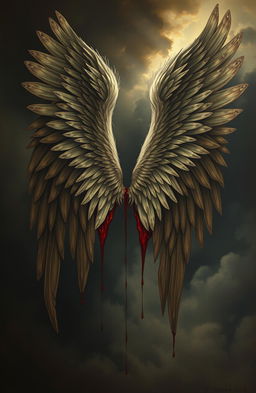 A Victorian-style painting depicting a dramatic scene where blood is dripping from ethereal angel wings