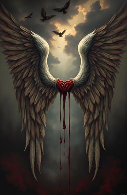 A Victorian-style painting depicting a dramatic scene where blood is dripping from ethereal angel wings