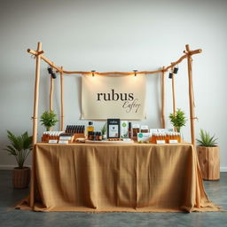 A simple, cozy, and eco-friendly large bazaar stand setup for a herbal cigarettes brand called rubus, featuring a reserved blank space for adding the brand name later