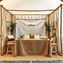 A simple, cozy, and eco-friendly large bazaar stand setup for a herbal cigarettes brand called rubus, featuring a reserved blank space for adding the brand name later