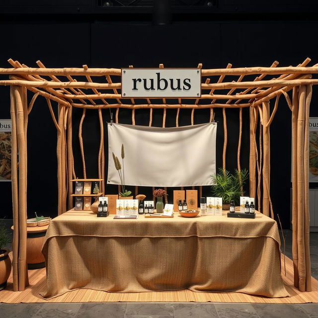 A simple, cozy, and eco-friendly large bazaar stand setup for a herbal cigarettes brand called rubus, featuring a reserved blank space for adding the brand name later