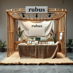 A simple, cozy, and eco-friendly large bazaar stand setup for a herbal cigarettes brand called rubus, featuring a reserved blank space for adding the brand name later