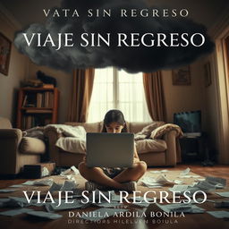 An expressive image of an 18-year-old adolescent girl sitting on the floor of her living room, focused on her computer with scattered papers around her, representing her chaotic environment