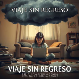 An expressive image of an 18-year-old adolescent girl sitting on the floor of her living room, focused on her computer with scattered papers around her, representing her chaotic environment