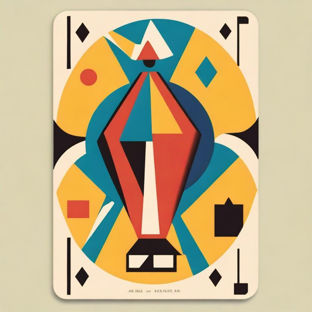 The Fool Tarot card interpreted in a distinctive mid-century style, featuring bold colors, geometric patterns, and simple lines that echo the design aesthetics of the mid 20th century